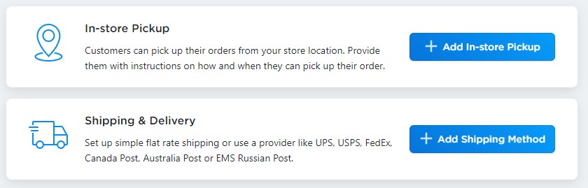 Shipping or in-store pick-up options for ecommerce