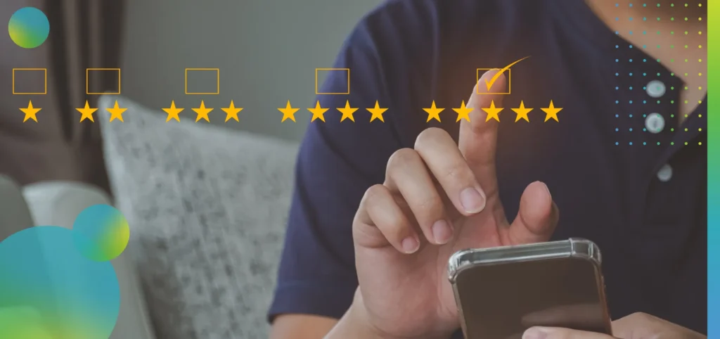 Person holding a smartphone and searching a small business with 5-star reviews.