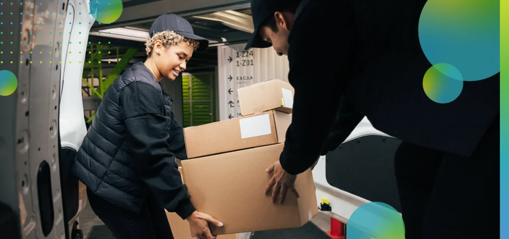 Coworkers pick up the packages from the warehouse.