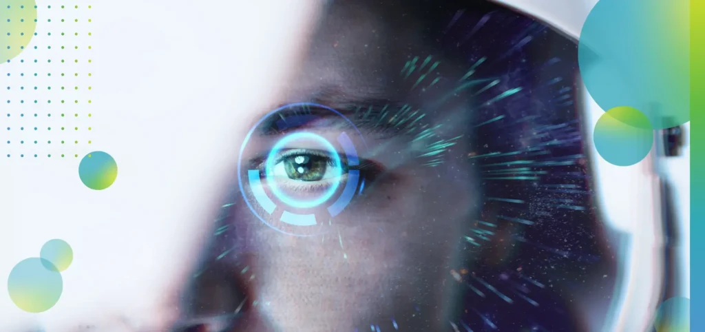 Astronaut with glass helmet with smart lens technology.
