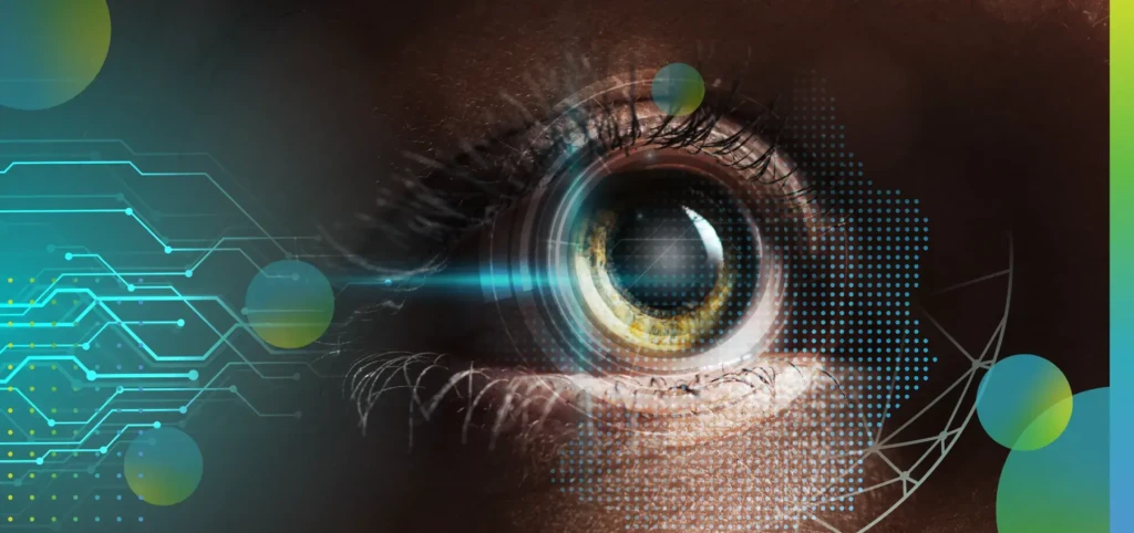 close up view of human eye with data illustration, robotic concept.
