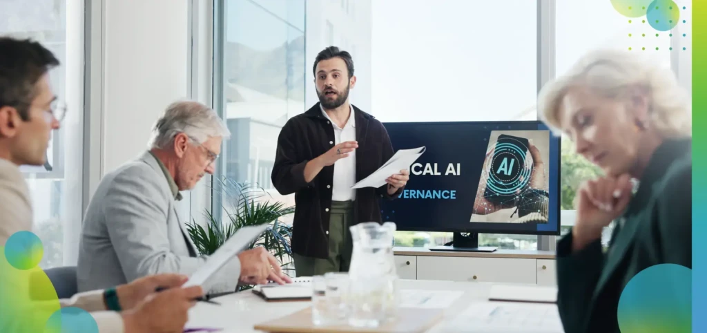 People working in a room, developing ideas and holding pieces of paper.