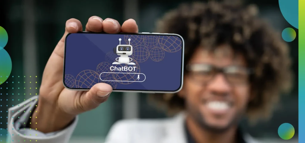 Man holding a smartphone with a chatbot search engine on its screen.