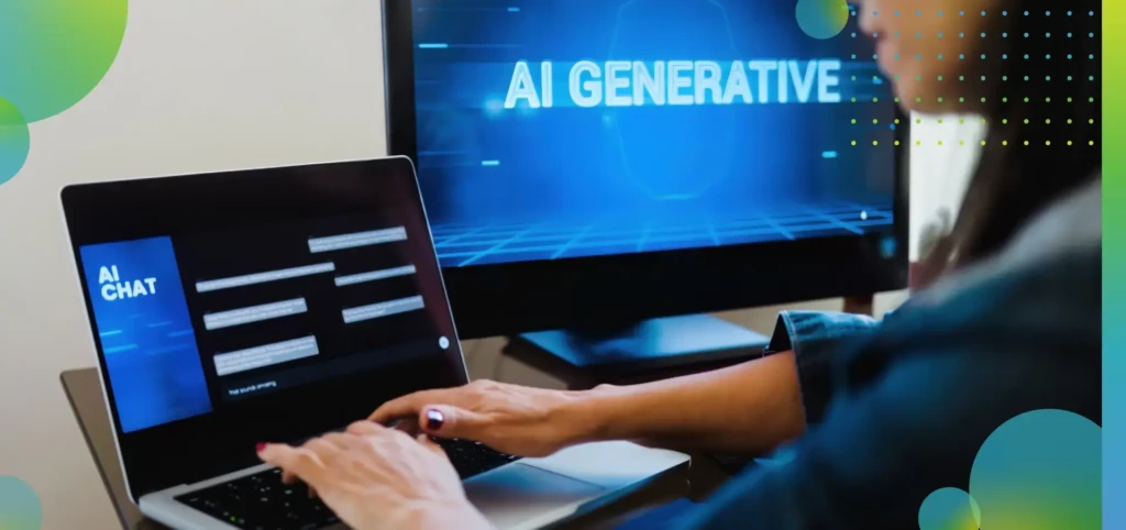Woman working on her laptop while talking to an AI chatbot.