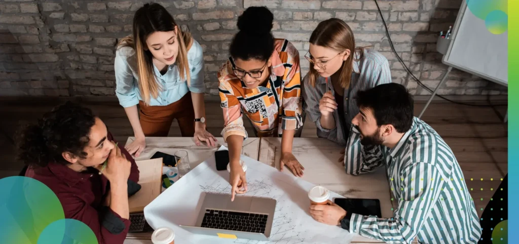 Group of modern business people in casual wear discussing.