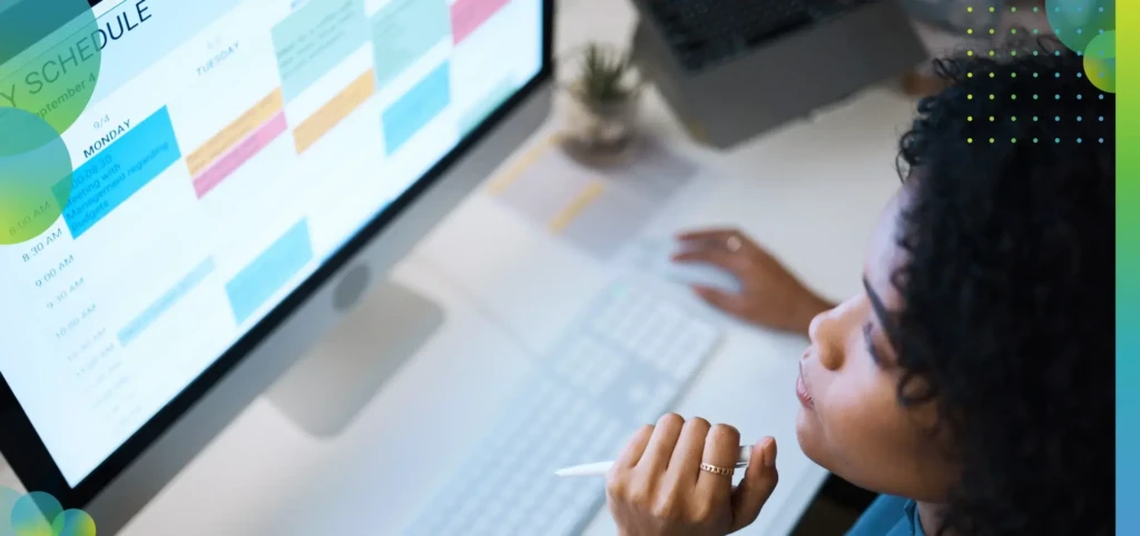 Woman with computer, thinking and checking schedule.
