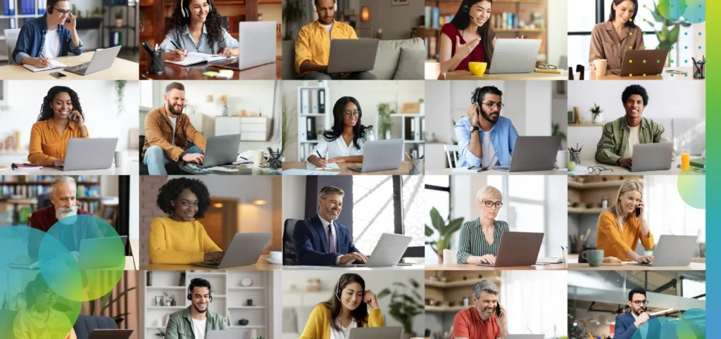 Multiethnic business people working on laptop.
