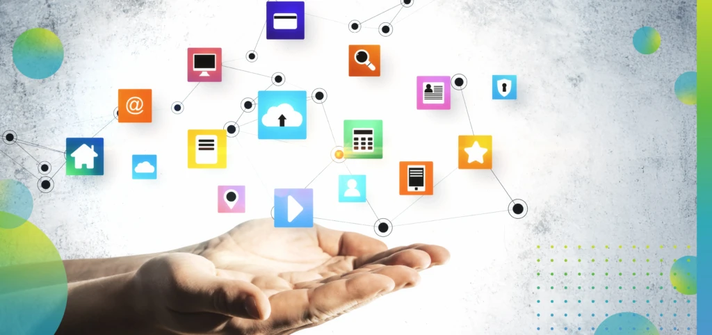 Hand Holding Glowing Online Networking Cloud Icons On Concrete.