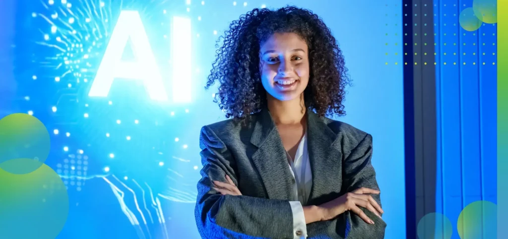 Confident woman presenting AI topic in a professional setting.