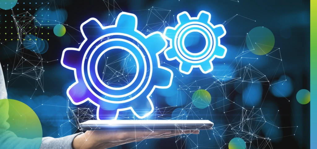 Close Up Of Hand Holding Tablet With Abstract Glowing Gear Wheels On Blurry Bokeh Background With Stock Photo, ft. abstract & blurry