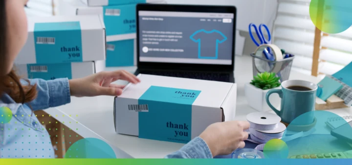 Woman preparing delivery box at desk in office