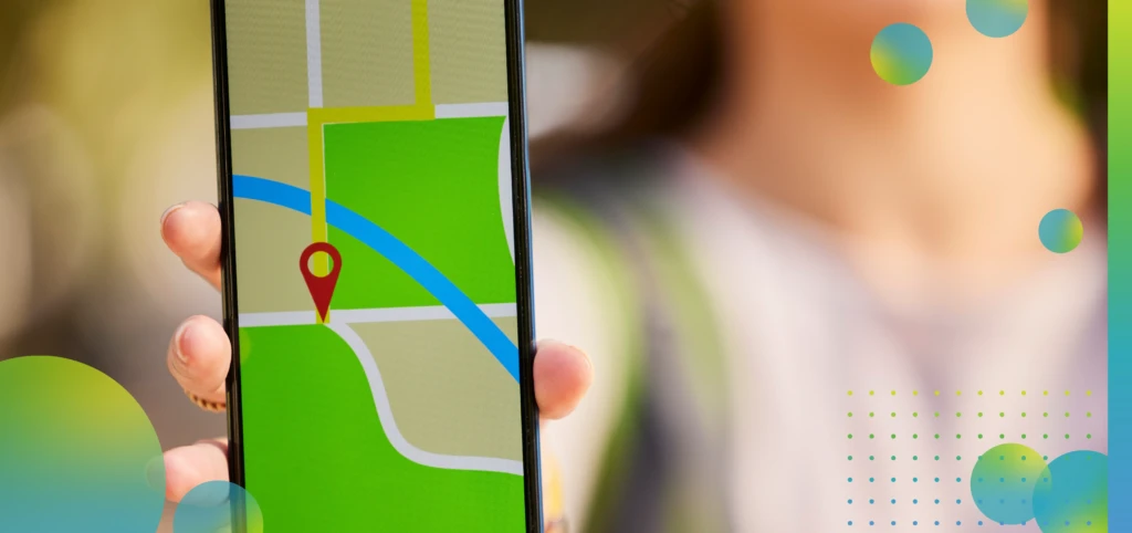 Woman hand, phone screen or gps transport app, travel or delivery for direction of road, streets 