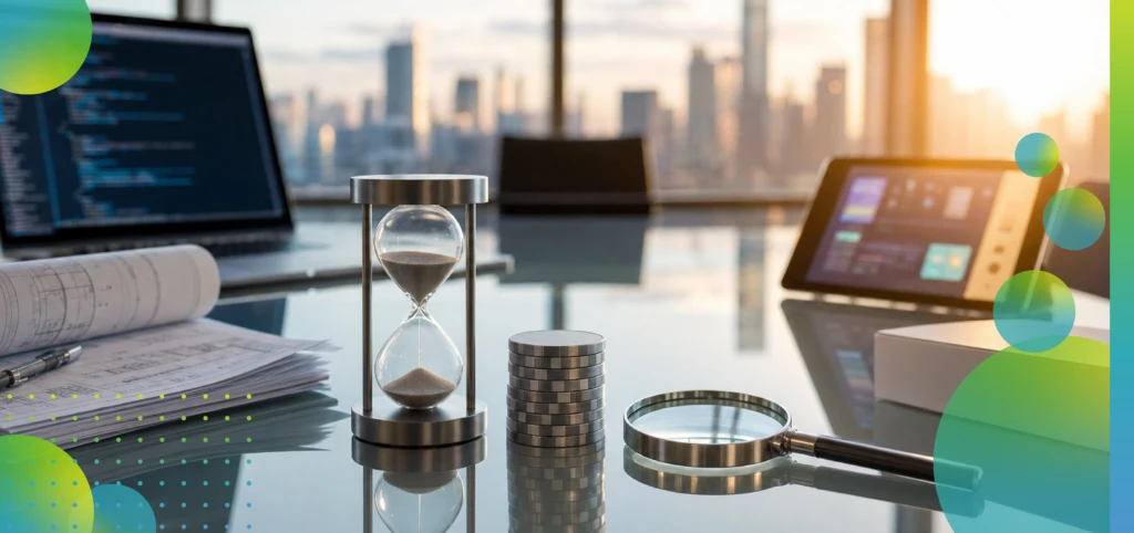 Digital devices, magnifying glass, and an hour glass on a boardroom table.